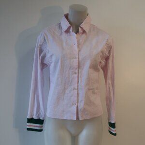 Womens Rally club Pink White Pinstripes Ribbed Cuff Cotton Button Shirt Top XS S